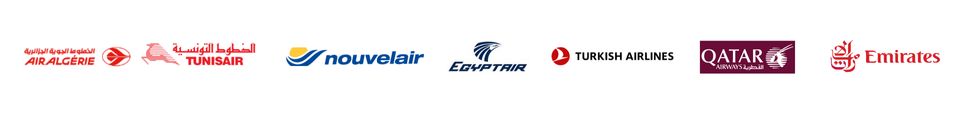 Logo des compagnies aérienne Air Algérie, Tunis Air, Nouvelair, Egyptair, Turkish Airlines, Qatar Airways et Emirates
