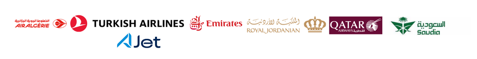 Logo des compagnies aérienne Air Algérie, Turkish Airlines, Ajet, Emirates, Royal Jordanian, Qatar Airways et Saudia