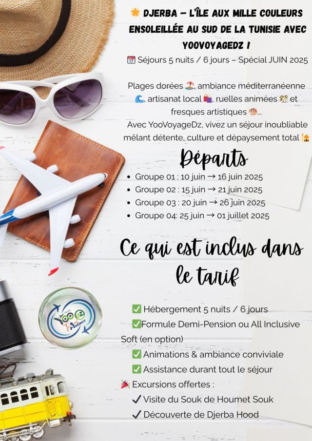 🌴 Séjour à Djerba – Juin 2025 🌴 6 jours / 5 nuits – Voyage en Bus Grand Confortne.