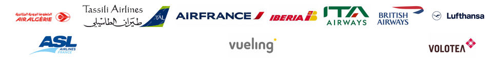 Logo des compagnies aérienne Air Algérie, Tassili Airlines, Air France, ASL, Iberia, ITA, British Airways, Lufthansa, Volotea et Vueling